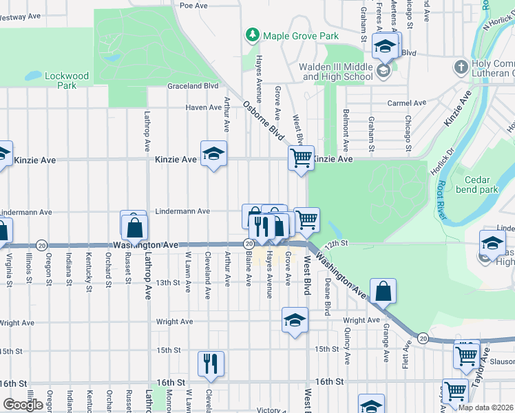 map of restaurants, bars, coffee shops, grocery stores, and more near 1104 Hayes Avenue in Racine