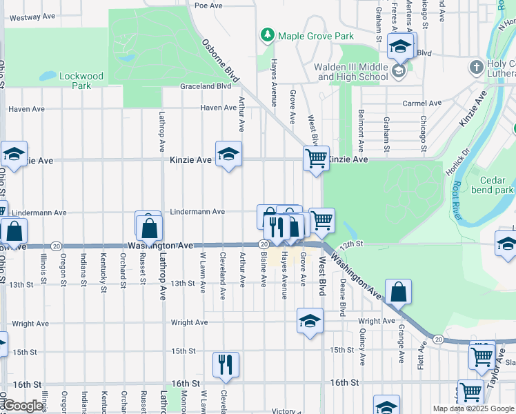 map of restaurants, bars, coffee shops, grocery stores, and more near 3411 Lindermann Avenue in Racine