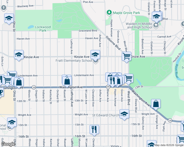 map of restaurants, bars, coffee shops, grocery stores, and more near 3517 Lindermann Avenue in Racine