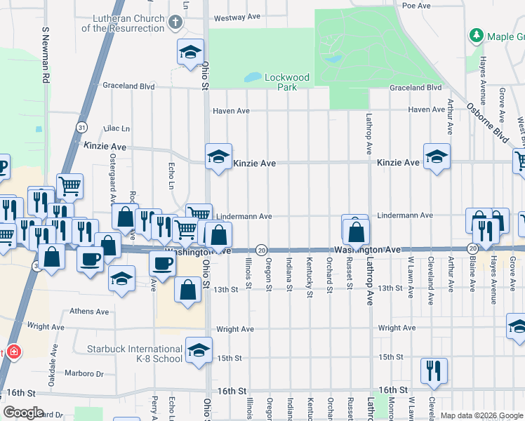 map of restaurants, bars, coffee shops, grocery stores, and more near 4401 Lindermann Avenue in Racine