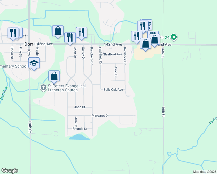 map of restaurants, bars, coffee shops, grocery stores, and more near 1680 Selly Oak Avenue in Dorr