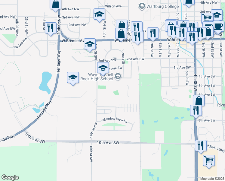 map of restaurants, bars, coffee shops, grocery stores, and more near 1415 4th Avenue Southwest in Waverly