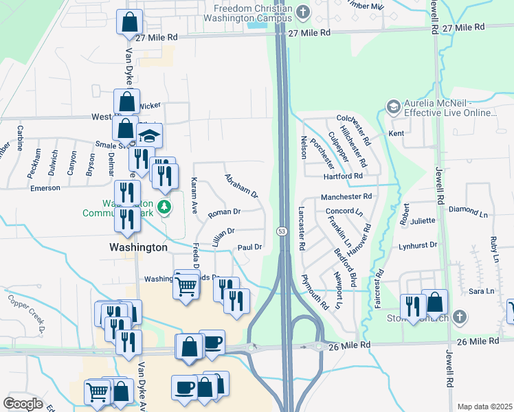 map of restaurants, bars, coffee shops, grocery stores, and more near 57874 Roman Drive in Washington