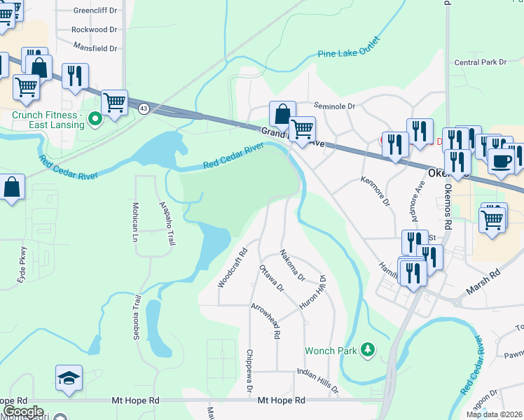 map of restaurants, bars, coffee shops, grocery stores, and more near 4777 Ottawa Drive in Meridian charter Township