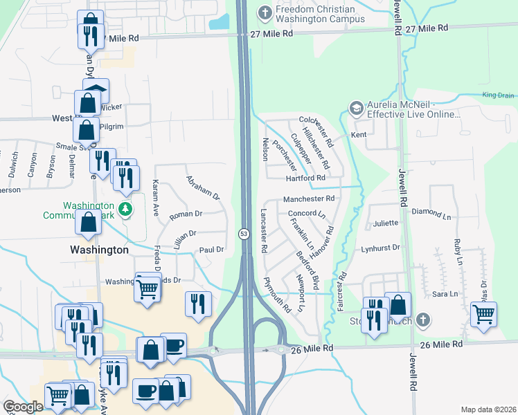 map of restaurants, bars, coffee shops, grocery stores, and more near 57828 Lancaster Road in Washington