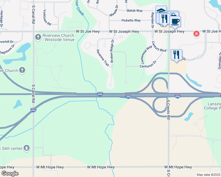 map of restaurants, bars, coffee shops, grocery stores, and more near 1050 Broken Ridge Drive in Lansing