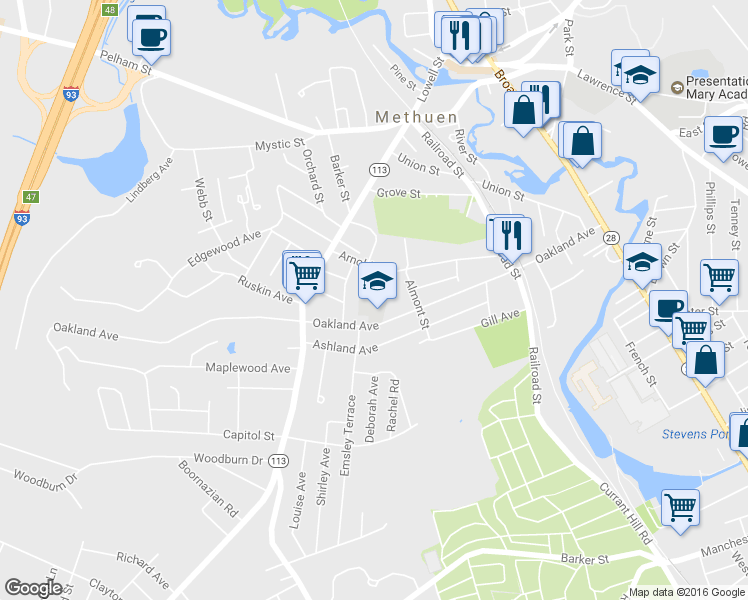 map of restaurants, bars, coffee shops, grocery stores, and more near 125 Oakland Ave in Methuen