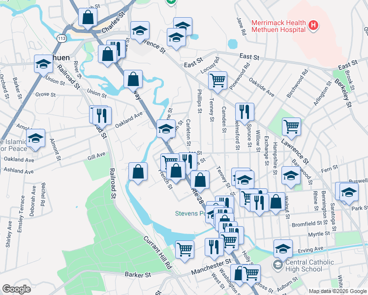 map of restaurants, bars, coffee shops, grocery stores, and more near 103 Center Street in Methuen