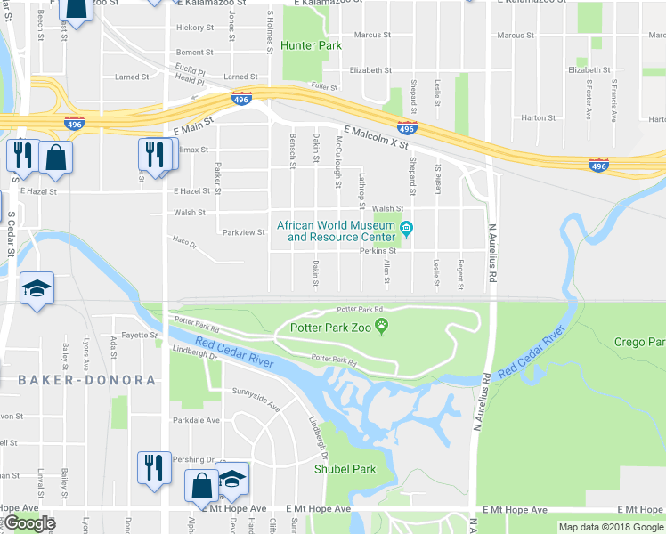 map of restaurants, bars, coffee shops, grocery stores, and more near 1216 McCullough Street in Lansing