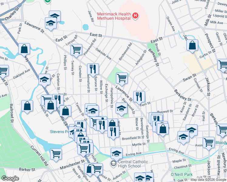 map of restaurants, bars, coffee shops, grocery stores, and more near 157 Exchange Street in Lawrence