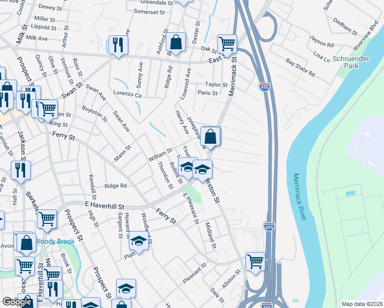 map of restaurants, bars, coffee shops, grocery stores, and more near 16 Young Avenue in Lawrence