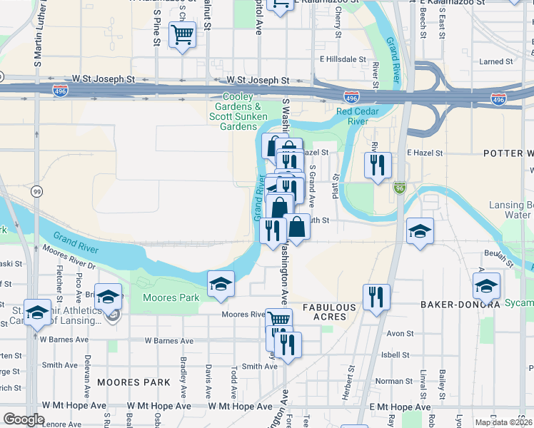 map of restaurants, bars, coffee shops, grocery stores, and more near 125 West South Street in Lansing