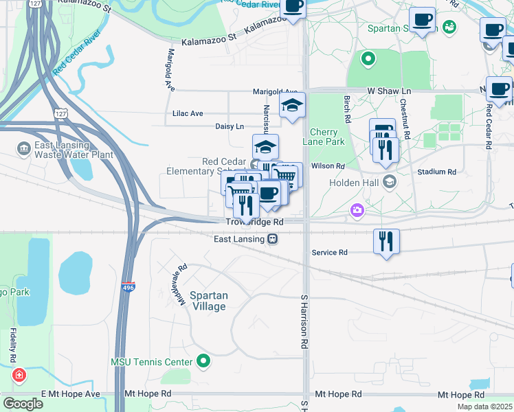map of restaurants, bars, coffee shops, grocery stores, and more near 1020 Trowbridge Road in East Lansing