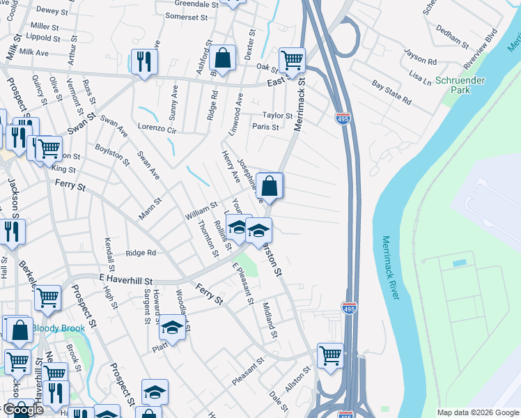 map of restaurants, bars, coffee shops, grocery stores, and more near 16 Young Avenue in Lawrence