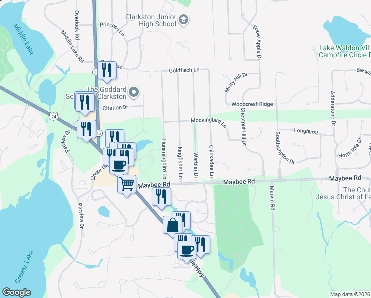 map of restaurants, bars, coffee shops, grocery stores, and more near 5607 Warbler Drive in Clarkston