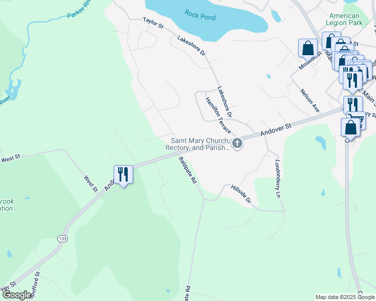 map of restaurants, bars, coffee shops, grocery stores, and more near 192 Andover Street in Georgetown