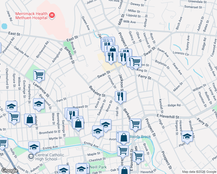 map of restaurants, bars, coffee shops, grocery stores, and more near 56 Knox Street in Lawrence