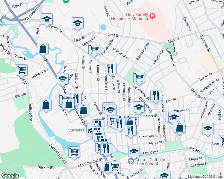 map of restaurants, bars, coffee shops, grocery stores, and more near 62 Center Street in Lawrence