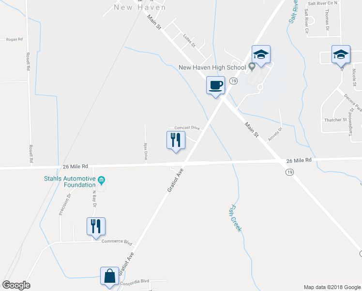 map of restaurants, bars, coffee shops, grocery stores, and more near 57155 Gratiot Avenue in New Haven