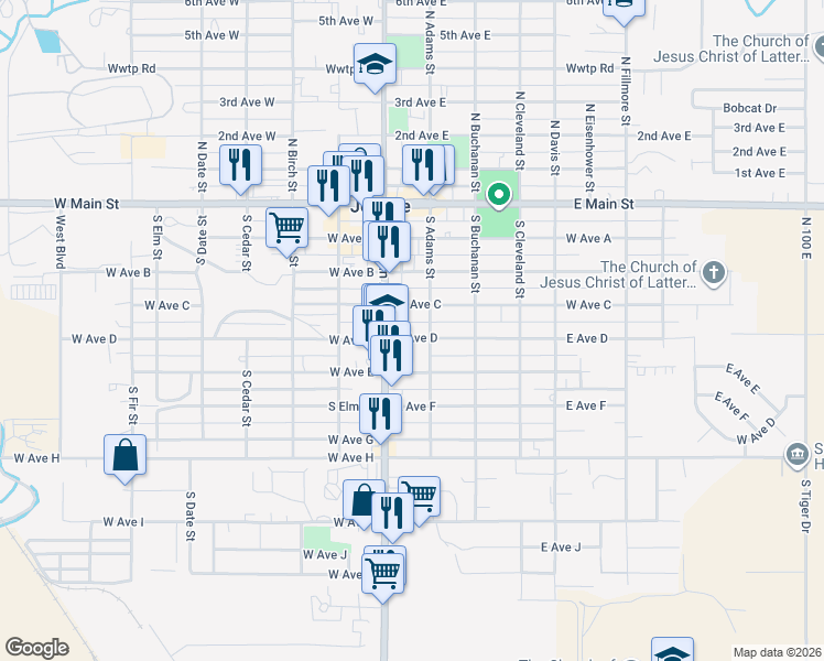 map of restaurants, bars, coffee shops, grocery stores, and more near 425 West Avenue D in Jerome