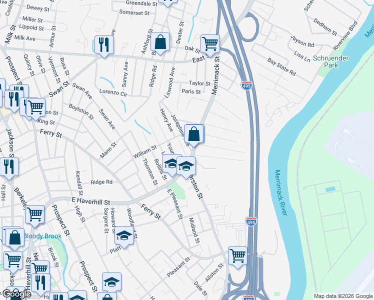 map of restaurants, bars, coffee shops, grocery stores, and more near 16 Young Avenue in Lawrence