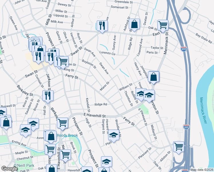 map of restaurants, bars, coffee shops, grocery stores, and more near 35 Linehan Street in Lawrence