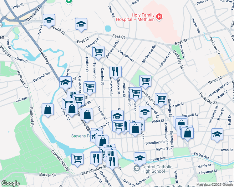 map of restaurants, bars, coffee shops, grocery stores, and more near 62 Center Street in Lawrence