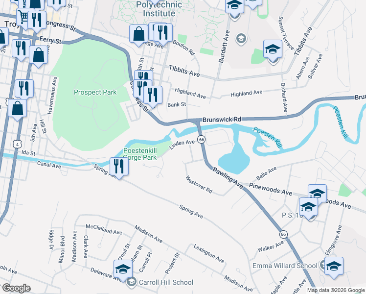 map of restaurants, bars, coffee shops, grocery stores, and more near 25 Westover Road in Troy