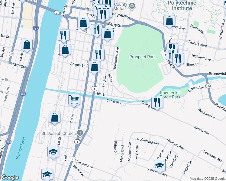 map of restaurants, bars, coffee shops, grocery stores, and more near 111 Ida Street in Troy