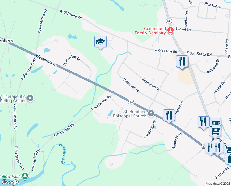 map of restaurants, bars, coffee shops, grocery stores, and more near Bavarian Way in Altamont