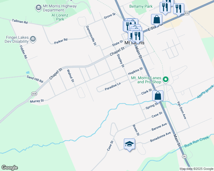 map of restaurants, bars, coffee shops, grocery stores, and more near 23 Paradise Lane in Mount Morris
