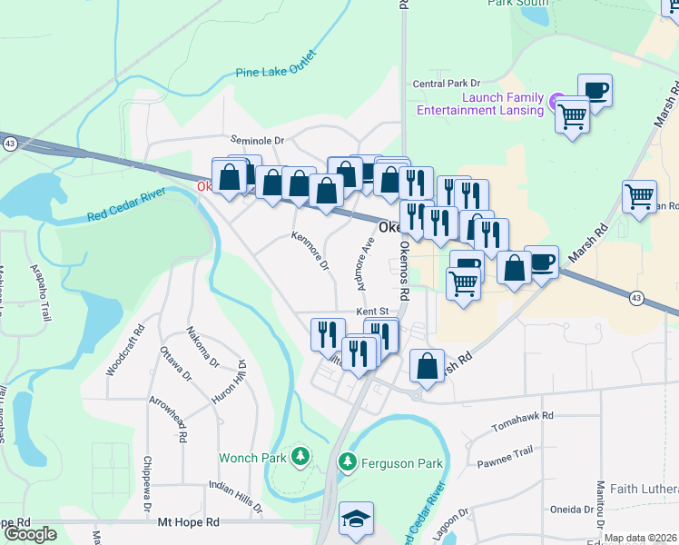 map of restaurants, bars, coffee shops, grocery stores, and more near 2236 Kenmore Drive in Meridian charter Township