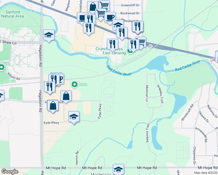 map of restaurants, bars, coffee shops, grocery stores, and more near 2810 Hannah Boulevard in East Lansing