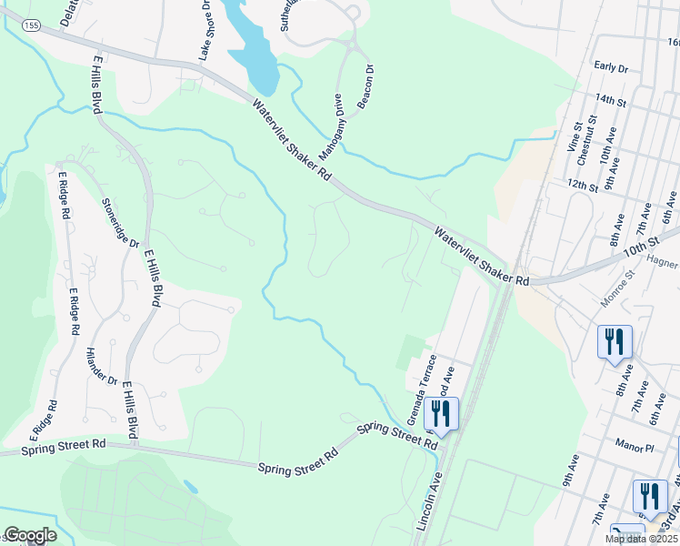 map of restaurants, bars, coffee shops, grocery stores, and more near 85 Bridgewood Lane in Watervliet