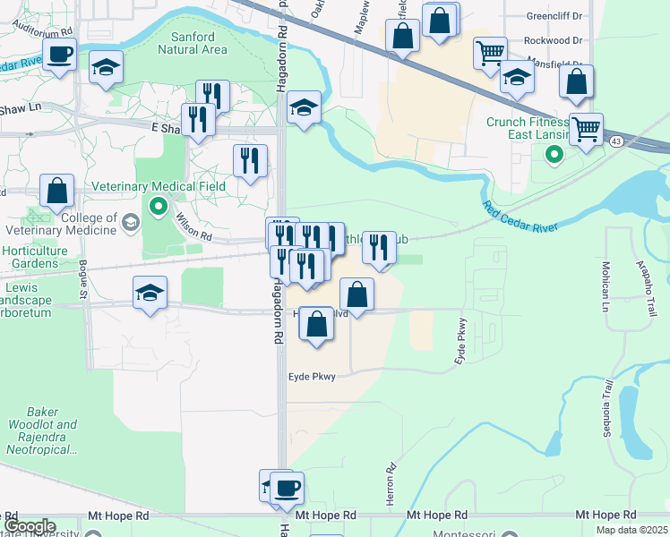 map of restaurants, bars, coffee shops, grocery stores, and more near 4790 Hagadorn Road in East Lansing