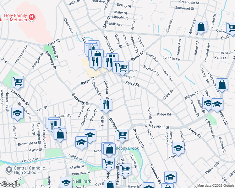 map of restaurants, bars, coffee shops, grocery stores, and more near 16 Custer Street in Lawrence