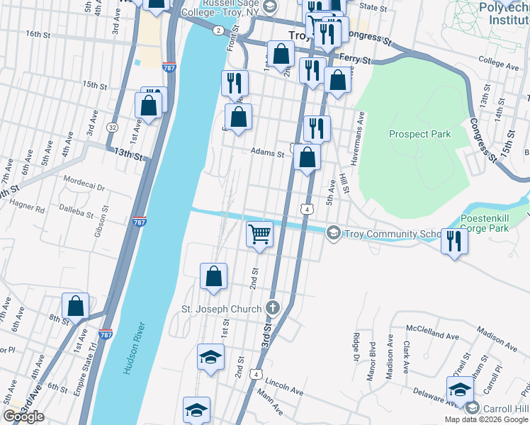 map of restaurants, bars, coffee shops, grocery stores, and more near 2nd Street in Troy