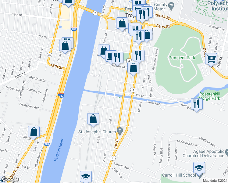 map of restaurants, bars, coffee shops, grocery stores, and more near 29 Ida Street in Troy