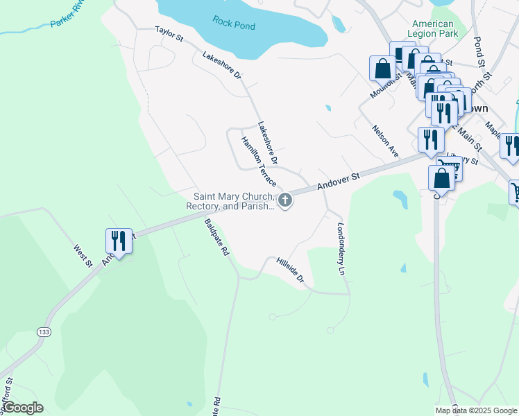 map of restaurants, bars, coffee shops, grocery stores, and more near 192 Andover Street in Georgetown