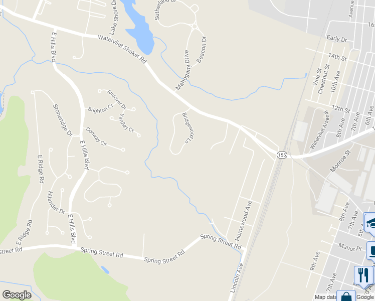 map of restaurants, bars, coffee shops, grocery stores, and more near 87 Bridgewood Lane in Watervliet