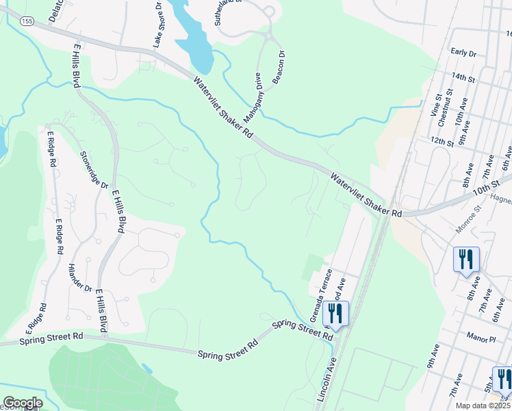 map of restaurants, bars, coffee shops, grocery stores, and more near 85 Bridgewood Lane in Watervliet