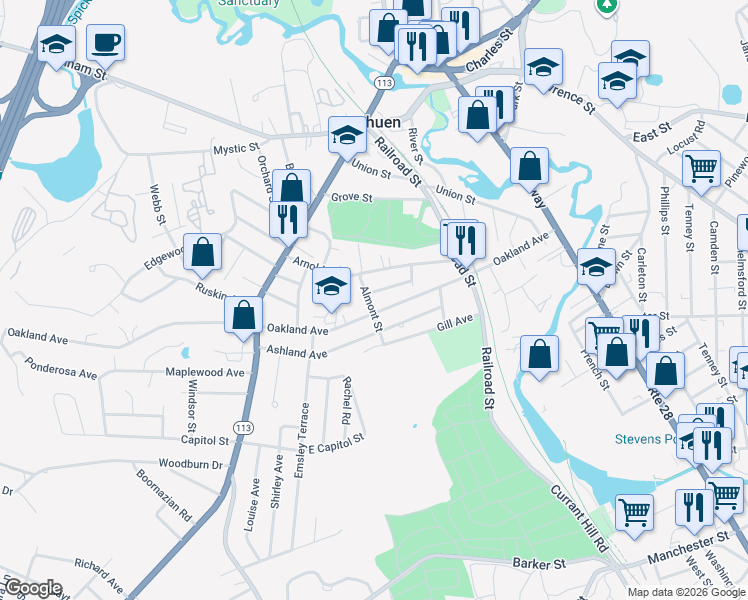 map of restaurants, bars, coffee shops, grocery stores, and more near 29 Ashland Avenue in Methuen
