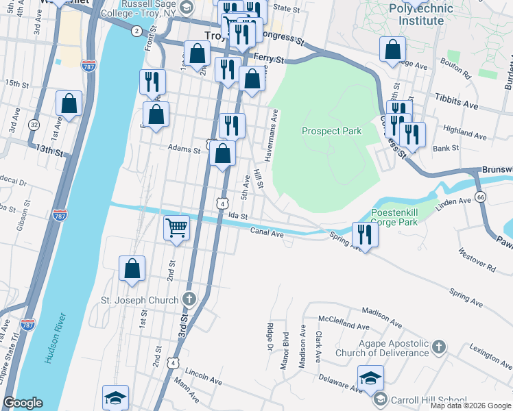 map of restaurants, bars, coffee shops, grocery stores, and more near 111 Ida Street in Troy