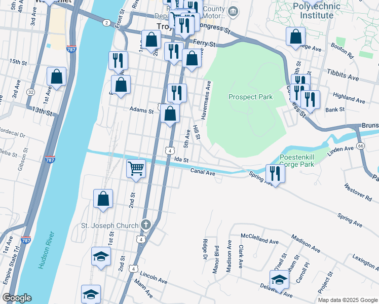 map of restaurants, bars, coffee shops, grocery stores, and more near 111 Ida Street in Troy