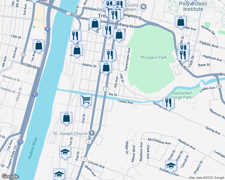 map of restaurants, bars, coffee shops, grocery stores, and more near 92 Ida Street in Troy