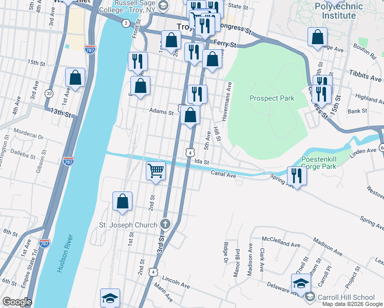 map of restaurants, bars, coffee shops, grocery stores, and more near 92 Ida Street in Troy