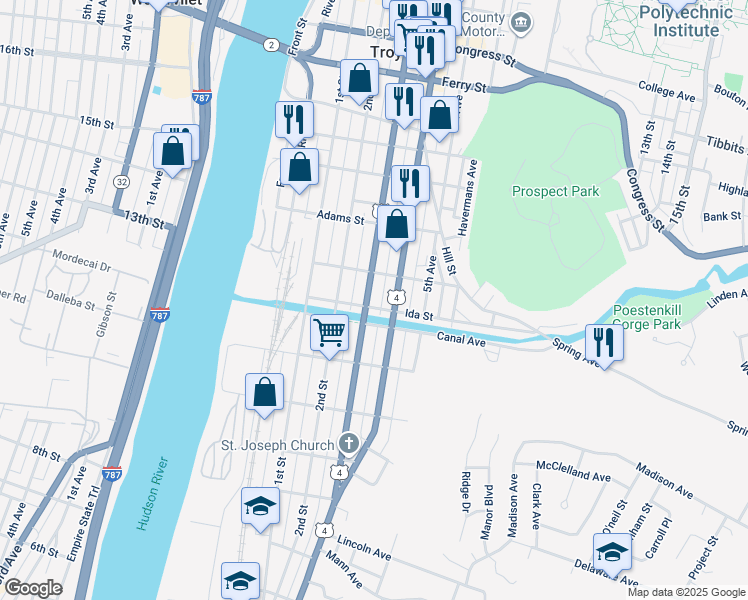 map of restaurants, bars, coffee shops, grocery stores, and more near 66 Ida Street in Troy