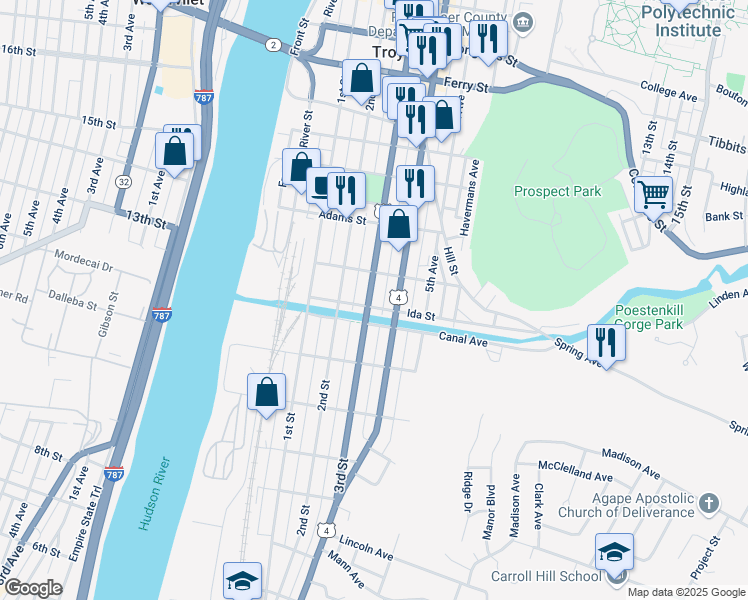 map of restaurants, bars, coffee shops, grocery stores, and more near 66 Ida Street in Troy