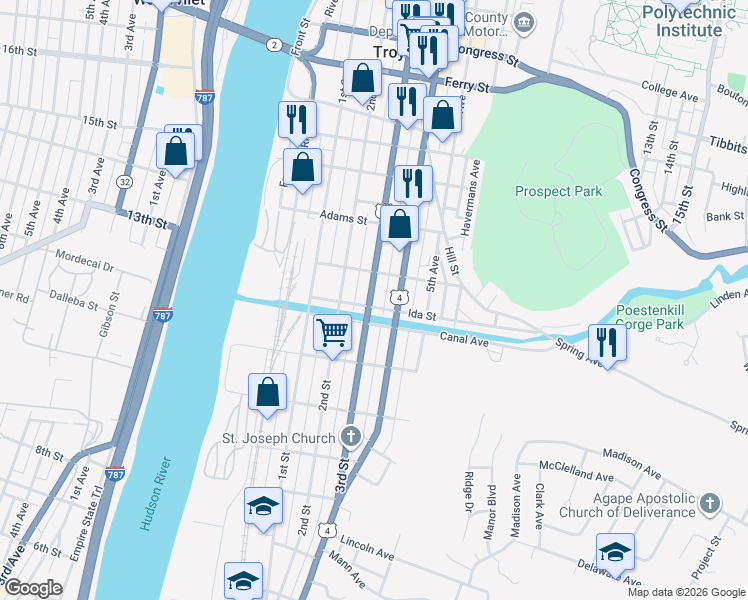 map of restaurants, bars, coffee shops, grocery stores, and more near 66 Ida Street in Troy