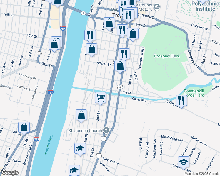 map of restaurants, bars, coffee shops, grocery stores, and more near 296 2nd Street in Troy